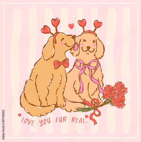 Whimsical golden retriever valentine Two Dogs kissing and licking hand drawn coquette retro pastel illustration