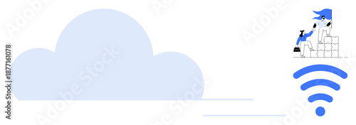 Cloud computing, wireless connectivity, team collaboration, digital infrastructure, online networking, remote work. Large cloud shape with wireless icon and people stacking blocks. Cloud computing