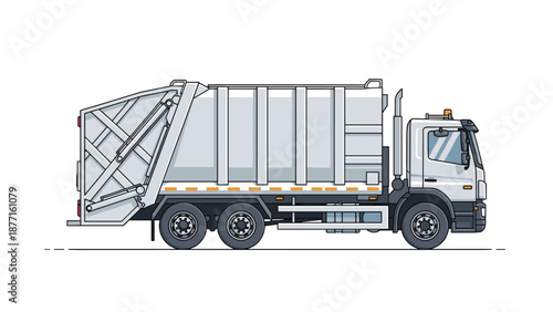 Large white garbage truck illustration with mechanical parts for waste collection and recycling services in urban areas.