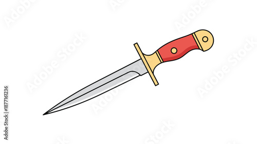Elegant combat knife or dagger with a red handle and gold guard displayed on a white background as a sharp edged weapon.
