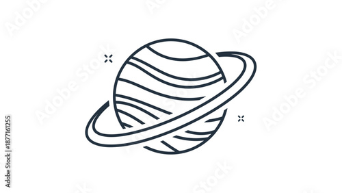 Simple black and white line art of the planet Saturn with its iconic rings and small star symbols in the surrounding space.