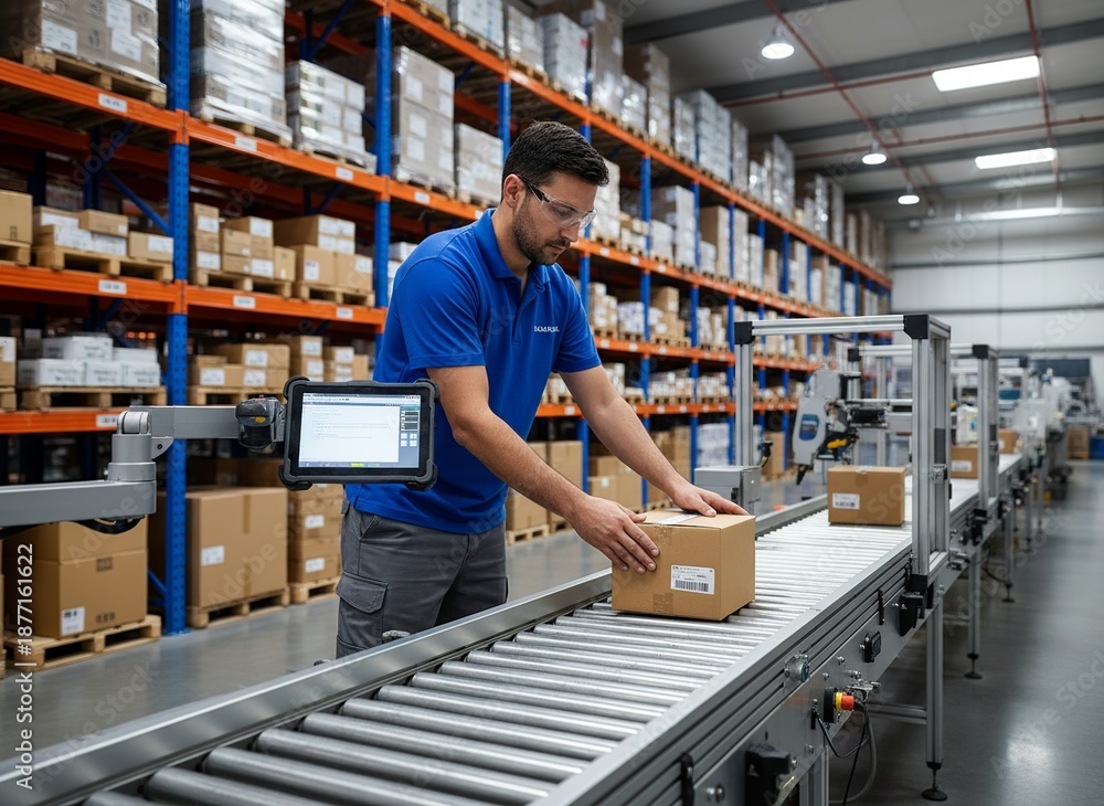 Fototapeta premium Man working on a warehouse conveyor belt with a box