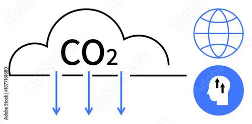 Carbon dioxide illustration. Carbon dioxide emissions with symbols for global impact, environmental sustainability, and human responsibility. For climate change awareness, eco solutions