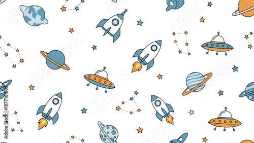 Colorful space themed pattern with rockets, planets, constellations, and stars on a white background for children designs.