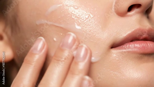 Woman Applying Moisturizer to Face with Gentle Fingertips in Skincare Routine Close-up
