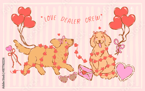 Whimsical golden retriever dogs valentine with Love letter and Balloons hand drawn coquette retro pastel illustrationn banner