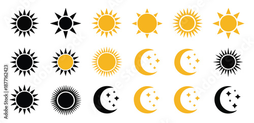 Sun and moon flat vector icons, celestial shapes and weather elements, isolated on white background