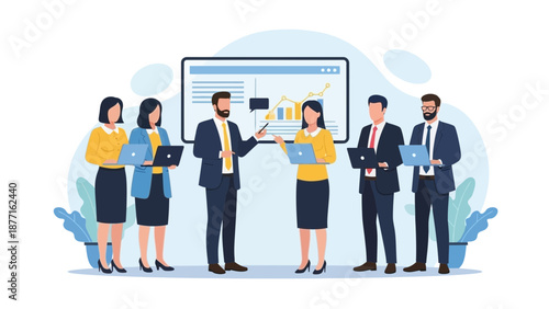 Teamwork business meeting, presentation with charts and laptops, diverse professionals collaborating