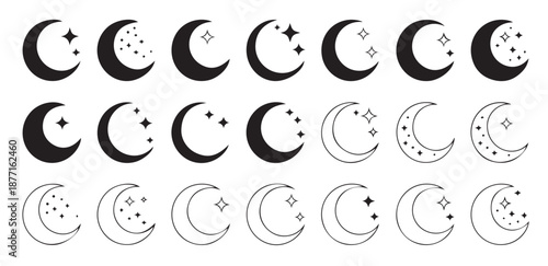 Set of moon and star icons with clean lines and simple shapes for design