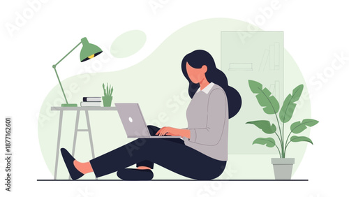 Woman working on laptop on the floor, home office, modern flat illustration