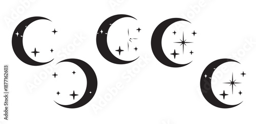 Mystical crescent moon and stars graphic illustrations set magical night sky symbols collection artistic.
