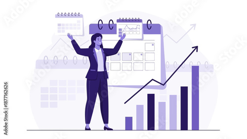 Businesswoman celebrating financial growth with charts and calendar
