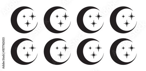 Eight icons showing stylized crescent moon and star elements consistent celestial symbol design collection flat style.
