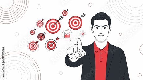 Businessman pointing at multiple targets, business goals and success concept