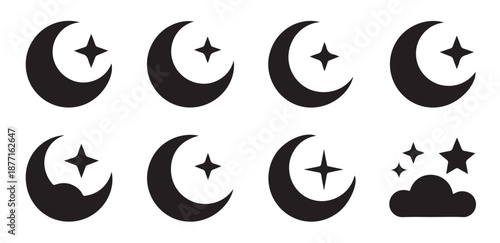 Eight simple black crescent moon and single bright star icons for bedtime sleep theme