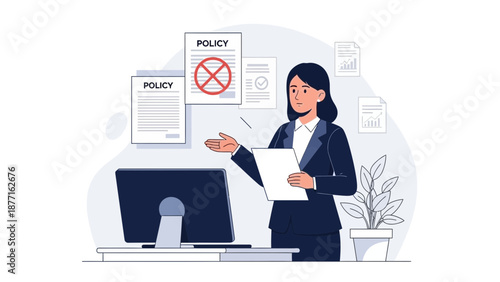 Businesswoman reviewing company policy document with prohibition sign