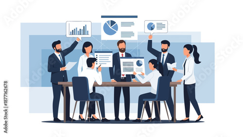 Business Team Meeting Analyzing Financial Reports and Data Charts