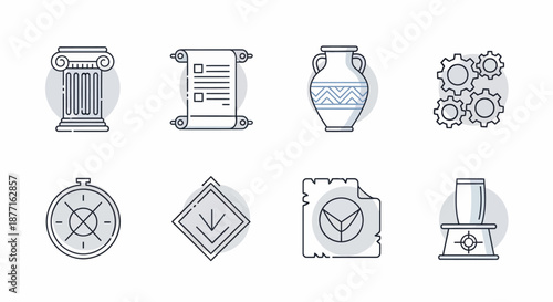 Collection of Ancient History and Technology Line Icons.