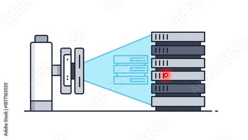 Server Data Scan and Error Detection Icon. Technology Monitoring Fault Detection in Data Center Racks, Network Security, and Diagnostics.