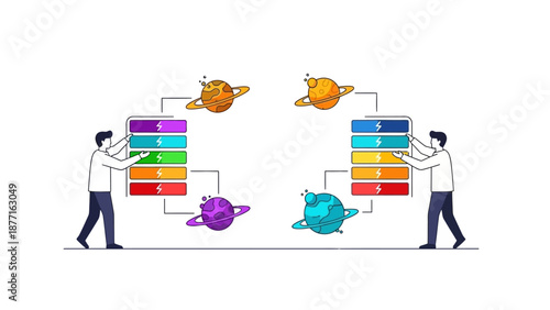 Flat line illustration of two people managing a multi-level power battery connected to planets, symbolizing global resource distribution and technology infrastructure.