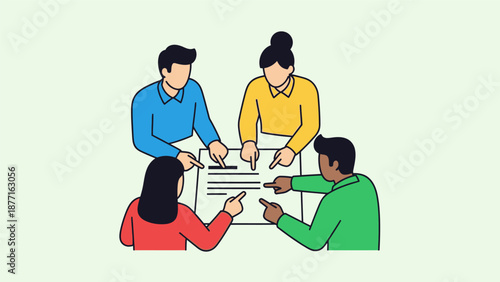 Team Collaboration Meeting: Diverse Group Analyzing Document or Contract. Flat Line Art Illustration.