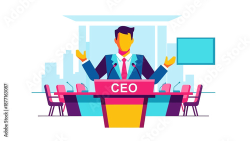Executive CEO Speaker Giving Presentation in Modern Boardroom Flat Vector Illustration