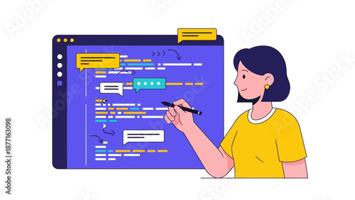 Female Software Developer Coding and Debugging Program Logic on Screen. Modern Flat Design Vector Illustration of IT Workflow and Web Development.