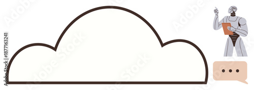 Technology, artificial intelligence, cloud computing, communication, robotics, data storage. A robot with a clipboard points near a cloud shape and a chat bubble. AI and cloud computing