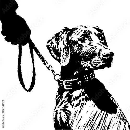 Dog on Leash Illustration, Loyalty and Control Concept, Black and White Line Art