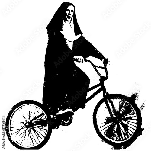 Nun Riding Bicycle Illustration, Surreal Religious Concept, Black and White Art