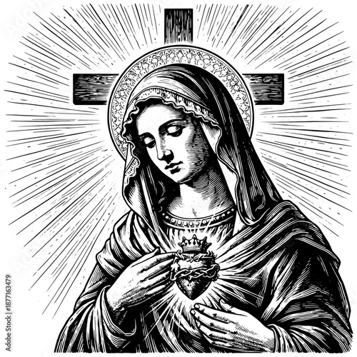 Virgin Mary Sacred Heart Illustration, Religious Christian Line Engraving Art