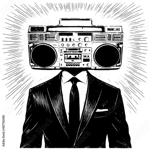 Surreal illustration of a man in a suit with boombox head, black and white line art for music culture, posters and branding