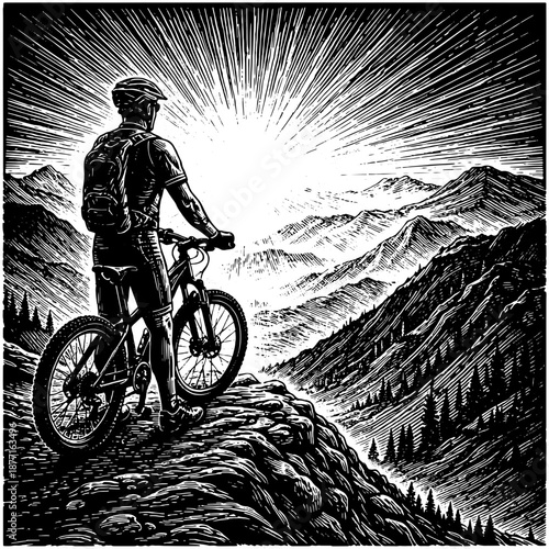 Mountain Biker Landscape Illustration, Adventure Cycling in Mountains, Epic Line Art