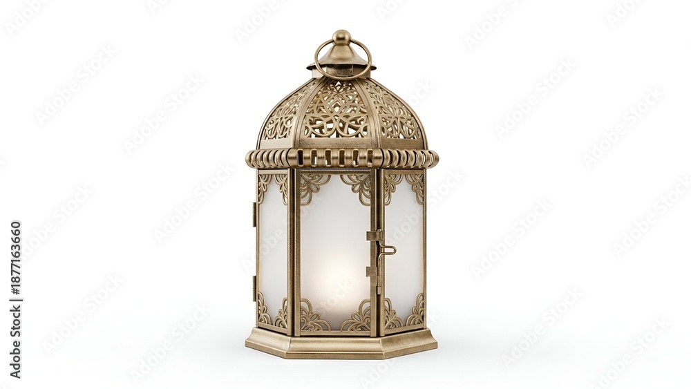 Obraz premium Decorative golden lantern with frosted panels on tabletop, viewed from a straight-on perspective