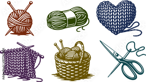 Vector set of knitting and crochet elements with yarn, needles, basket and scissors, detailed illustration for handmade design