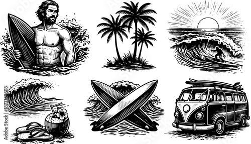 Surfing Adventure Vector Set, Surfer Waves Palm Trees Van Ocean Travel SVG Illustration