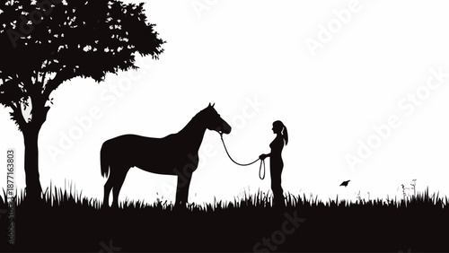 Woman standing with horse in a serene natural setting outdoors
