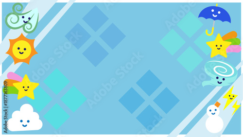 天気モチーフが並ぶかわいい空色の背景イラスト