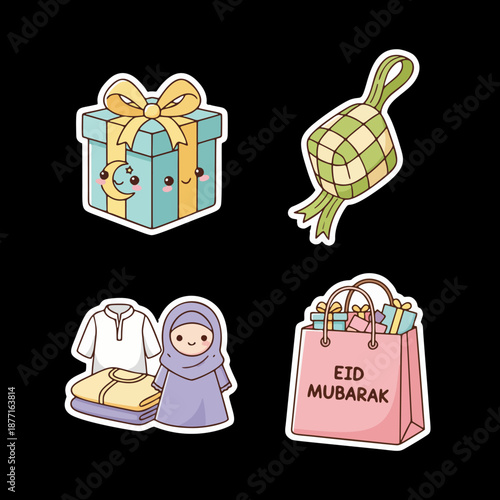 Adorable Eid al-Fitr decorations presents cultural food and traditional clothing