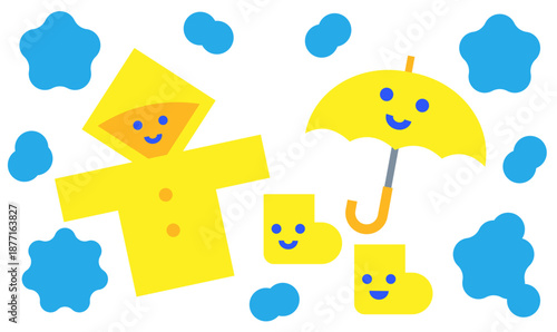 雨の日のレインコートと傘、長靴のかわいい天気イラスト