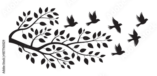 Birds flying away from tree branch illustration on white background, black and white vector
