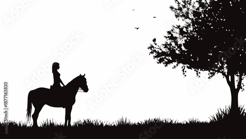 Silhouette of young woman riding horse under tree with birds flying