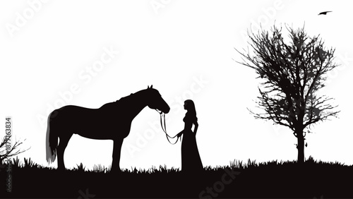 Woman in elegant dress standing with horse in serene natural setting