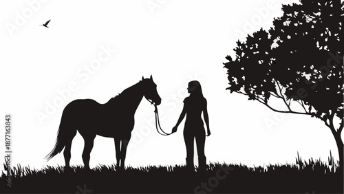 Woman standing with horse in serene natural setting outdoors