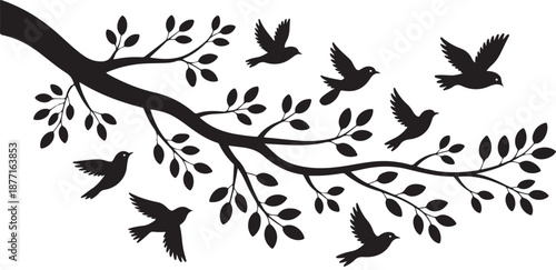 Birds on tree branch illustration on white background, black and white vector graphic
