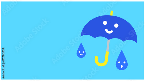 笑顔の傘と雨粒が降るかわいい雨の日のイラスト