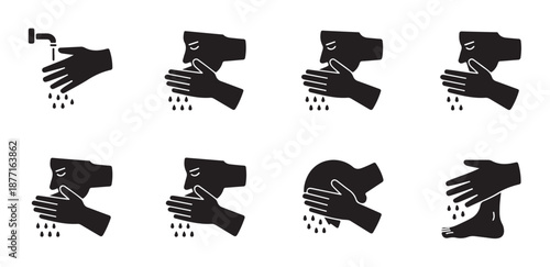 Ablution steps flat icon set isolated on white background, purification before prayer