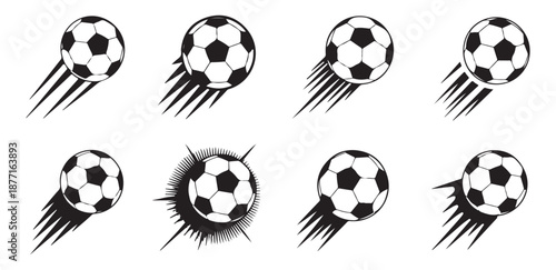 Soccer ball set with speed trails illustration, black and white vector graphic isolated