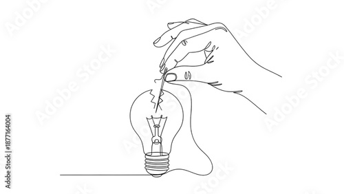 Continuous line drawing of hand sewing a broken light bulb with needle and thread, concept of fixing ideas and creative problem solving