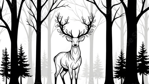 Stylized deer with leafy antlers in monochrome forest, black and white vector nature illustration of stag standing among trees.